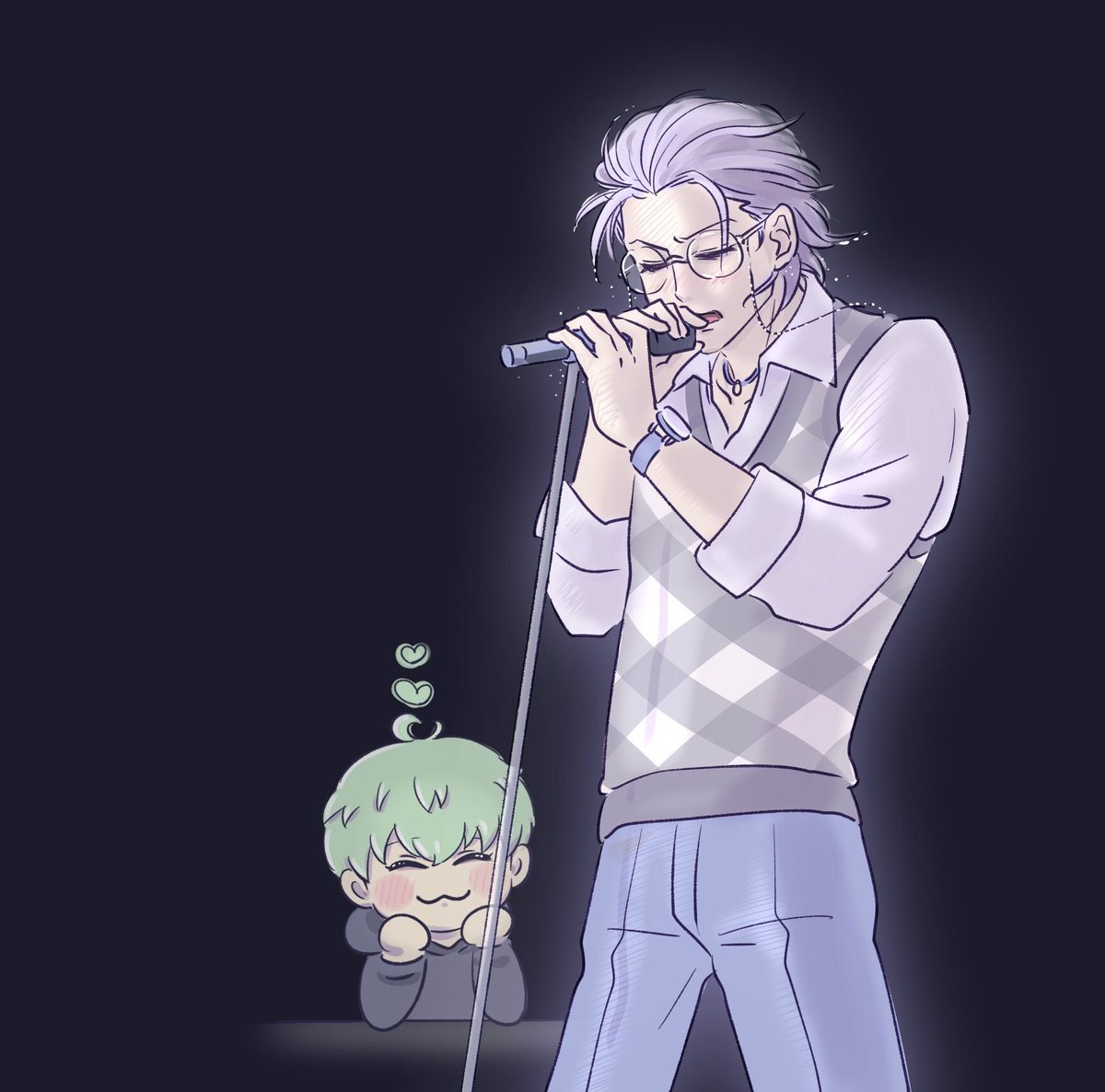 multiple boys 2boys microphone singing music glasses green hair  illustration images