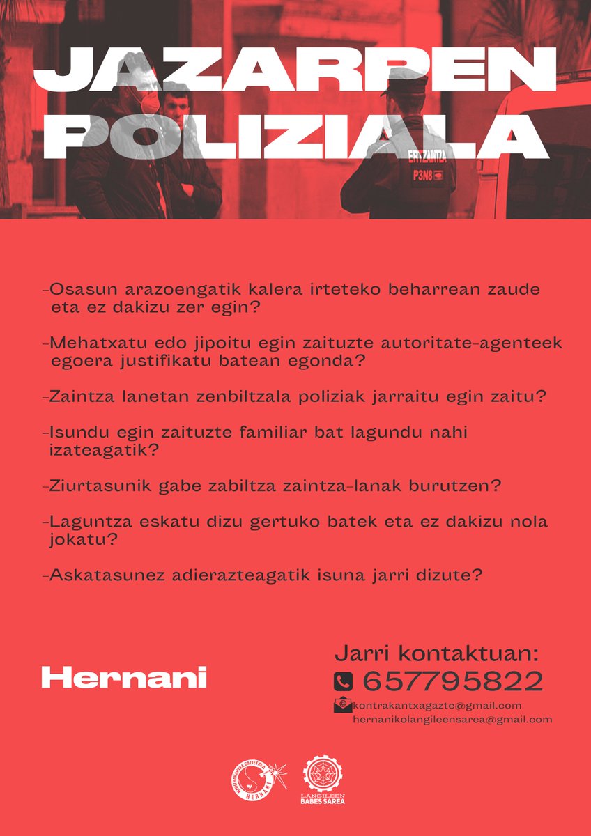 Jazarpen polizialaren aurrean osasungintza unibertsala eta askatasun politikoak.
Jarri harremanetan.
#BurgesiarenOfentsibaGelditu