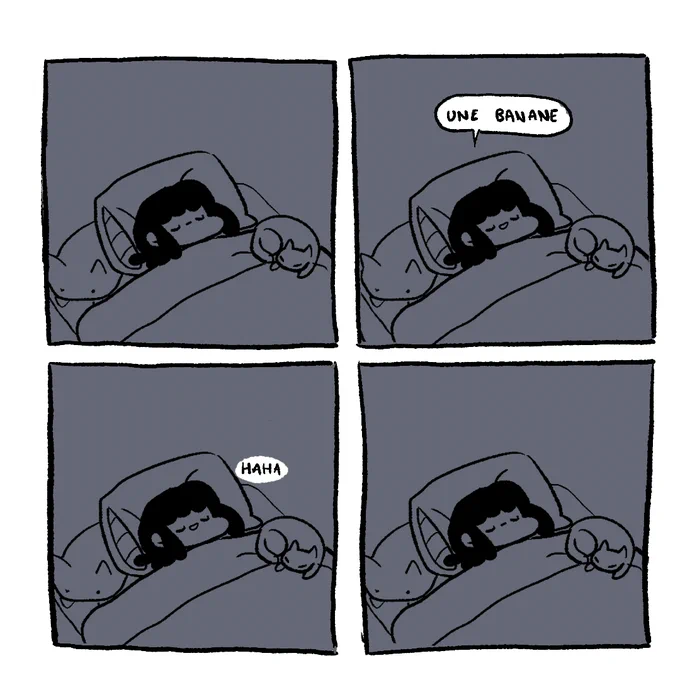 hier soir vers 3h, alors que j'allais enfin m'endormir, j'ai eu une idée de strip et j'en ai rigolé pendant 10 bonnes minutes seule dans mon lit. Je me suis levée, je l'ai dessiné, toujours en rigolant, puis je suis retournée me coucher. Voici le strip en question : 