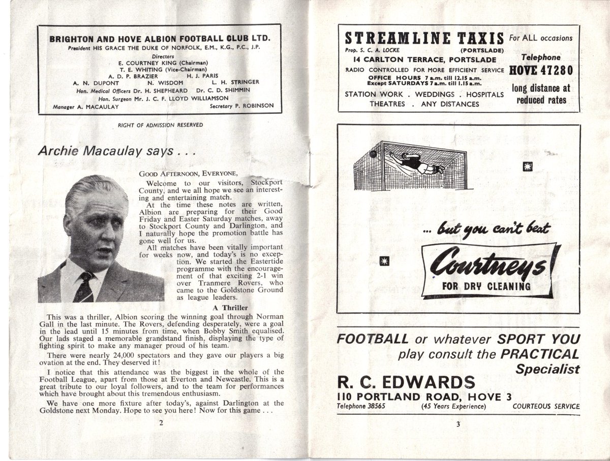 Two games to go. Tight at the top of Div 4 on this day 1965.  21,489 at The Goldstone see #BHAFC win 3-1 against #stockportcounty meaning we need a point from the final game in a week's time. Jack Smith, Jimmy Collins and Johnny Goodchild with the goals seagullsprogrammes.co.uk