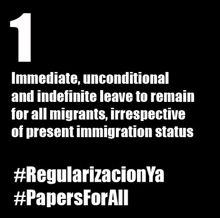 Por justicia social hoy exigimos #PapersForAll por la #RegularizacionYa de las personas migrantes en España y Europa. 
<a href="/desdelamoncloa/">La Moncloa</a> <a href="/sanchezcastejon/">Pedro Sánchez</a> <a href="/EUCouncil/">EU Council</a> <a href="/vonderleyen/">Ursula von der Leyen</a> <a href="/EU_Commission/">European Commission</a> <a href="/MEugeniaRPalop/">M. Eugenia R. Palop</a>  <a href="/eucopresident/">António Costa</a> @laresistenciaw <a href="/DetentionWatch/">Detention Watch Network (DWN)</a>  @OtrosDreams_ODA