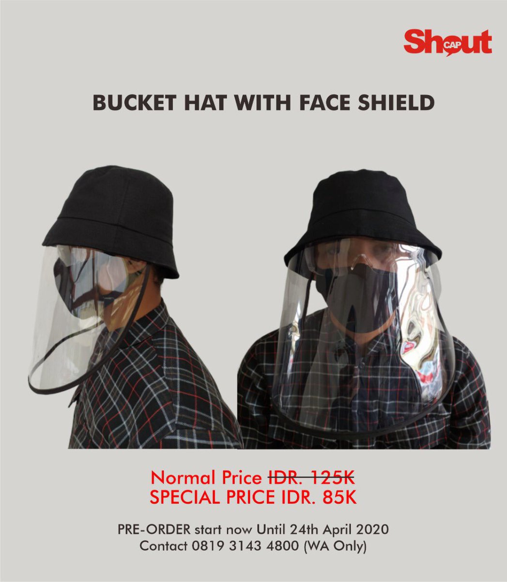 BUCKET HAT with FACE SHIELD 

PRE-ORDER batch 01 sampai 24 April 2020. Untuk pemesanan kontak CS via WA di 0819 3143 4800.

Keterangan : bagian face shield tidak dapat dilepas dari bucket hat.

#ShoutCap #BucketHat #WeAreShouters