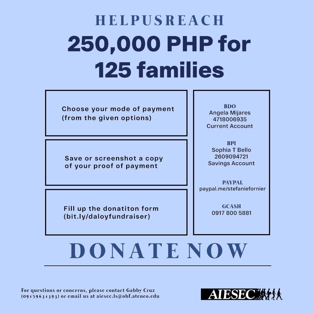 A single donation can make a vast difference to countless families. With just 2000 pesos, you can provide for 2 weeks worth of groceries and medicine to the Ipo Watershed community.

Help us reach our goal of PHP250k for 125 families. Donate now!

#AIESECDaloy #donate #phcvdonate