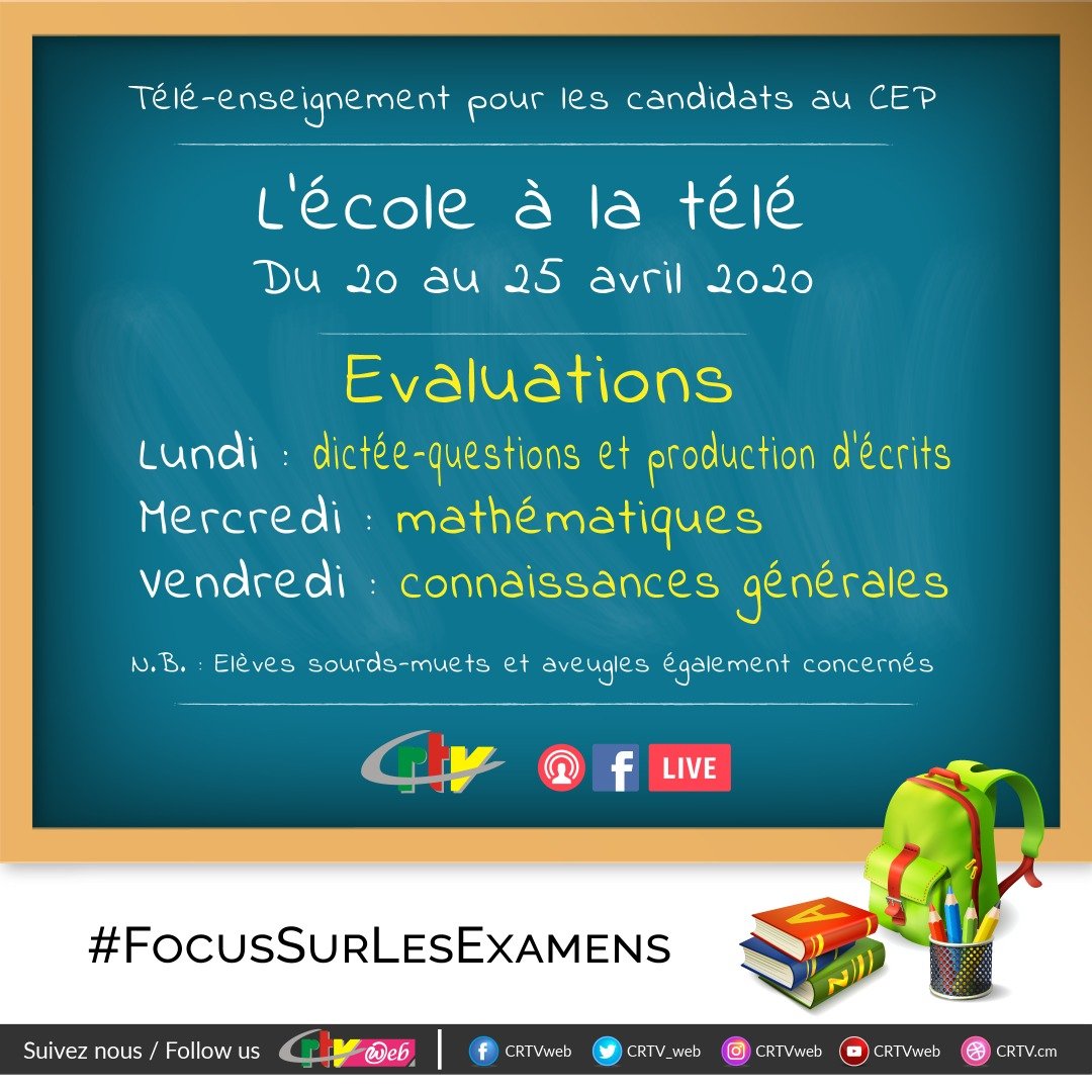 CRTV_web's tweet photo. #FocusOnExams
#FocusSurLesExamens
C'est la semaine des évaluations pour les candidats au CEP et FSLC https://t.co/IO9LGWYfD0