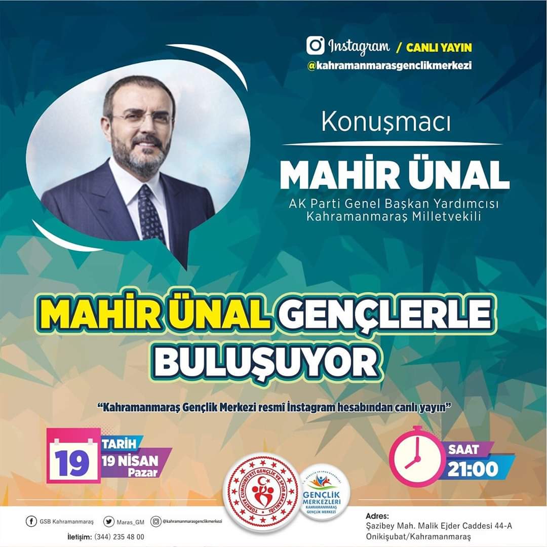 "Tarihin içinden akıp gelen bir nehir gibi, sizlerle geleceğe akıyoruz." Sizler bizim geleceğimizsiniz diyerek sizlerin geleceğe akışını kendine görev edinen Ak Parti Genel Başkan Yardımcısı Sayın Mahir ÜNAL Beyefendi Pazar akşamı 21:00’da online olarak sizlerle buluşmaya geliyor