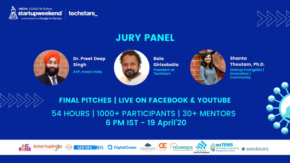 dswblr's tweet photo. TUNE IN LIVE!
Watch the culmination of 54 Hours of #energetic #collaboration #coworking #innovating!

YOUTUBE: https://t.co/Yp9QycPLJ1
FACEBOOK: https://t.co/oq5pfsf1Jq

#AllTheBest
#GSWCovid19India #IndiaFightsCovid
#StartupWeekendIndia https://t.co/j8zBN4RQpp