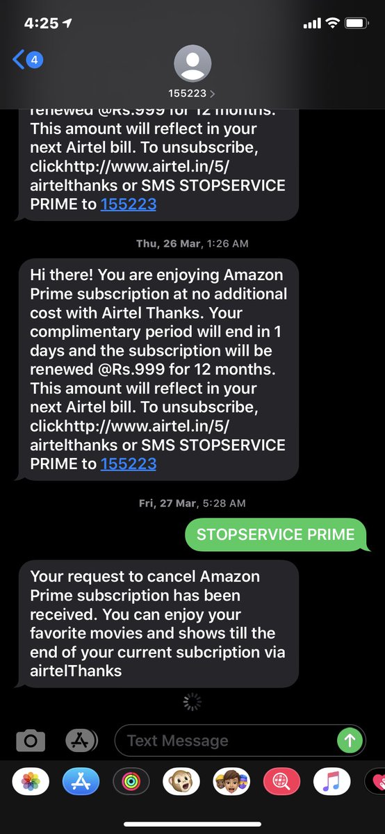 its_simarpal's tweet photo. @airtelindia I have the message from Airtel that your amazon prime subscription period will be ending in 1 day IT will be renewed ₹999 for 12 months  to stop service send messages to 155223 STOPSERVICE PRIME  I HAVE SENDED MSG BUT IHAVE CHARGED FOR THAT https://t.co/xBq8TlIimA