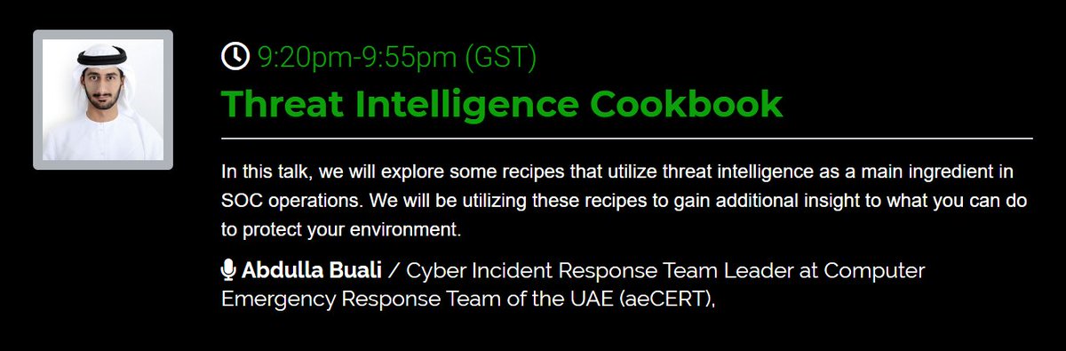Don't miss the recipes that experts use by utilizing #Threat_Intelligence to protect critical environments..

Through a session delivered by Abdulla Buali from #aeCERT

during "HAVOC" virtual #conference that starts this Tuesday.

Register for Free
havoc.hackersacademy.com