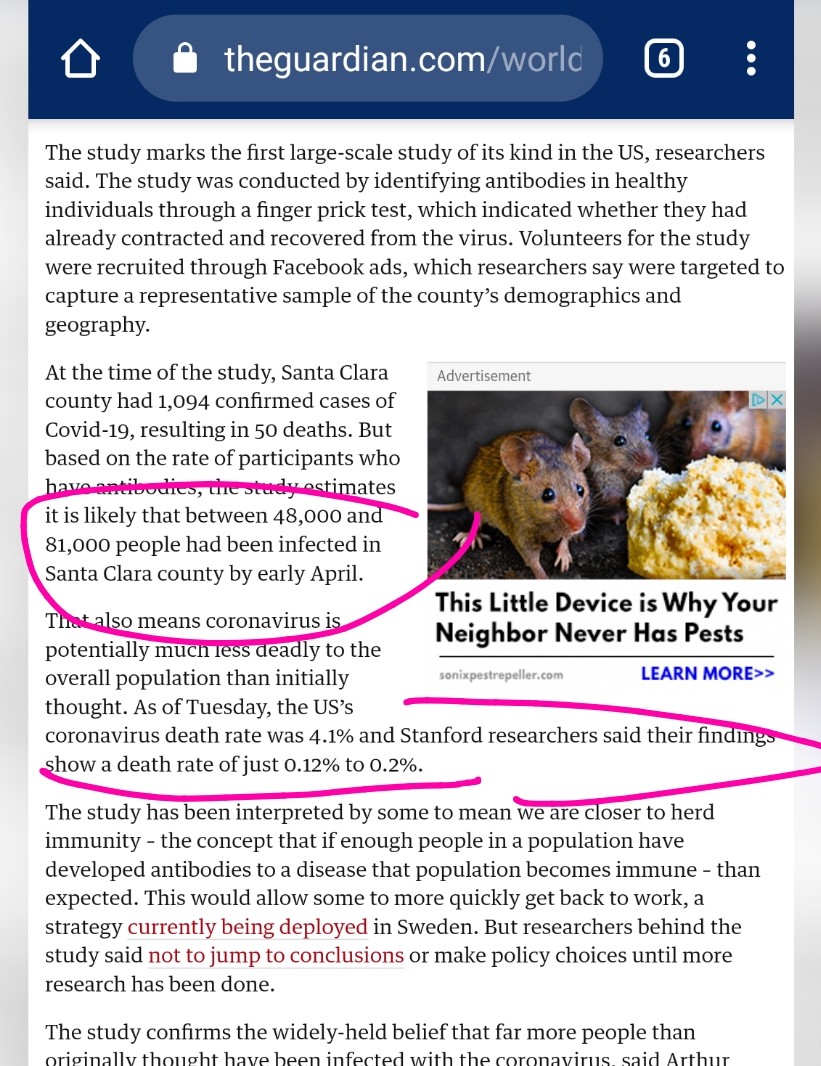 p_codetwit's tweet photo. 4/17 Stanford #serology test: 3,330 participants in Santa Clara county: INFECTED RATE 50-85% > than prev. believed; DEATH RATE 0.12%-0.2%. Those infected &amp; not deceased developed IMMUNITY (antibodies).

#science #realscience #lockdown #stanfordscience #wakeupAmerica #HerdImmunity https://t.co/TGhOGhaGWI