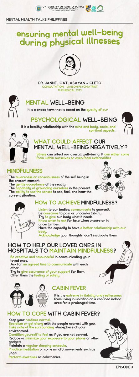 ust_csc's tweet image. During this ECQ, it is important to be mindful of our surroundings and of course, ourselves. 

For Episode 3,  Dr. Jannel Gatlabayan-Cleto gives us tips on ensuring mental well-being during physical illness. 💚

#MHTalks
#CSCFartherAndFurther