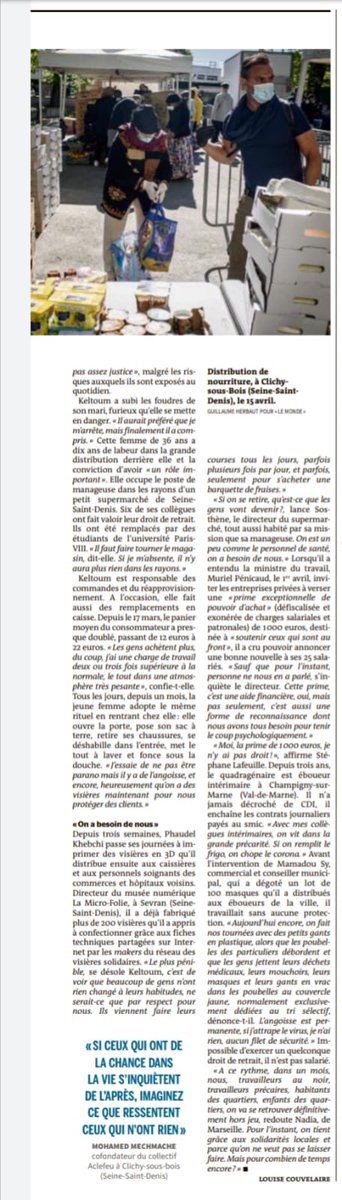 Dans le journal Le Monde de ce week-end, un article met en valeur les multiples initiatives solidaires venues des quartiers populaires pour répondre à l’inaction des pouvoirs publics. 

Le travail du collectif y est mentionné par l’asso Têtes Grêlées.

merci pour votre soutien !