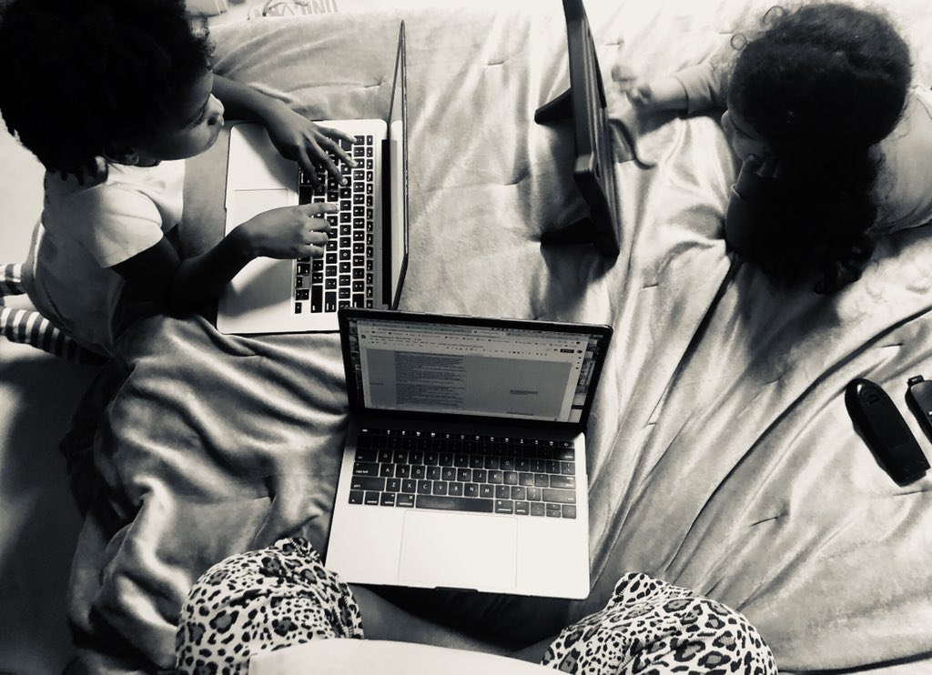chrishelle3's tweet photo. Despite everyone having a designated workstation this is the #currentsituation ....working, learning, adjusting at home... in my bed. 🤦🏾♀️ #homeschooling #GodBlessEducators https://t.co/ukC8U78xoL