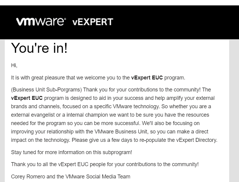 HerremansJens's tweet photo. Yes! I made the vExpert EUC subprogram! Super happy to be selected. #vExpert #VMware @VMware_BE @vmwarehorizon https://t.co/PMolwtvIIk