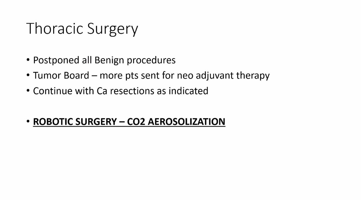 /14 Dr. Nirav Patel from New York:  #COVID19  @ISMICS What New York did in preparation for  #COVID19 - suspend nonCOVID research enrollment - be selective in surgeries one does - ideally every pt should be tested before surgery - beware of robotic surgery -> CO2 aerosolization