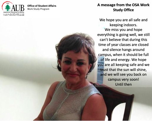 aubleb_osa's tweet photo. A very special message from our OSA Work Study Unit❤️ #missyouall #students #studentsarelife #aub #americanuniversityofbeirut #workstudy #messagefromtheheart #osa #officeofstudentaffairs https://t.co/o2sI7DNTkq
