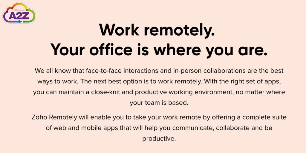 A2ZCloud's tweet photo. #Workingfromhome - The new default state for many businesses during the #coronavirus outbreak. With @ZohoRemotely being free until July 1, 2020 this gives your business the perfect #remoteworking suite, and is a great chance to try out some of @zoho's top apps! Go #Zohoremotely https://t.co/MviAHc06NF