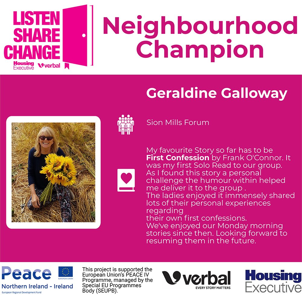 VerbalArtsDerry's tweet photo. Today we have Neighbourhood Champion Geraldine from Sion Mills. We asked her what her groups favourite story was and why? We can't wait for all our groups to begin again! 😎

#listensharechange #verbal #everystorymatters #neighbourhoodchamp https://t.co/4oqJRCxOXq