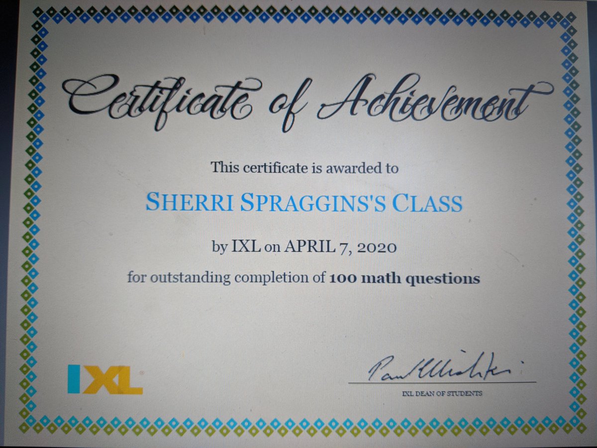 Sherri88198778's tweet photo. Adam Paul completed 100 questions on IXL and our class received a certificate of achievement!! Way to go Adam Paul!! @rhandrewselem https://t.co/YSyj8wnb9C
