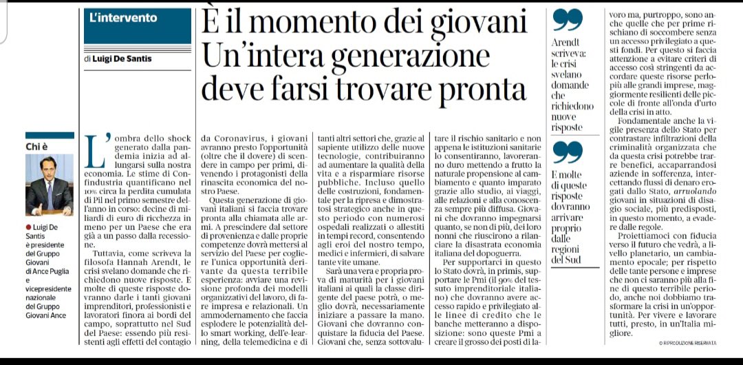 La chiamata alle armi di una generazione,la nostra. L'appello ai giovani,per la ripresa del nostro Paese, del nostro VP @ancegiovani Luigi DeSantis dalle colonne del @corriere  Ed. Mezzogiorno #ANCE #edilizia #andiamoavanti #prontialcambiamento #ricostruireITALIA <a href="/LuigiDeSantis84/">Luigi De Santis</a>