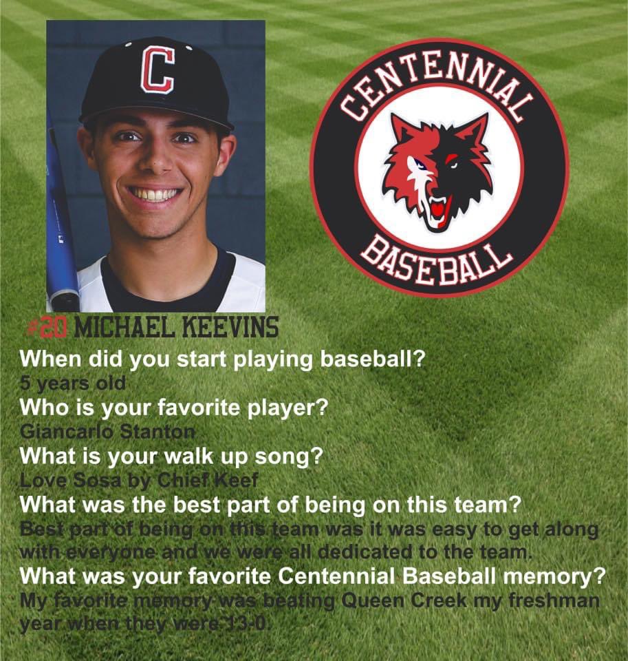 CeHSbball's tweet photo. Welcome to Tuesday Coyotes!  Day 4 of Senior Spotlight!  Best wishes to Michael @Mike_Keev on his next step in baseball!  #centennialhighschool #gocoyotesgo #baseball #yotesbaseball #wewillmissyou https://t.co/nvRLJp2ZWI