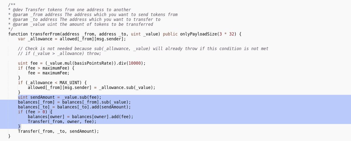 TIL:  @Tether_to's  $USDT ERC20 token in  #ethereum takes a cut out of every single transfer.The cut goes to the contract owner which I assume is none other than  @Tether_toWtf?Who uses this shit?Source:  https://etherscan.io/address/0xdac17f958d2ee523a2206206994597c13d831ec7#codeThanks to  @owocki for bringing this to my attention