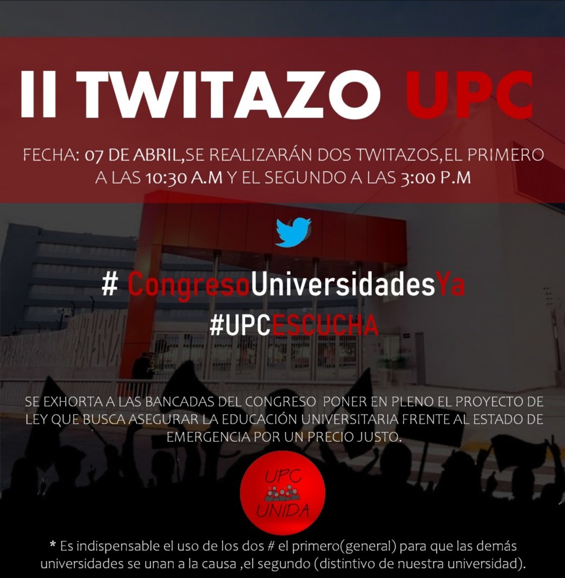 UPCunida's tweet photo. [II TWITAZO UPC] 

Pedimos a toda la comunidad UPC su participación y apoyo. Si lo hacemos juntos, lograremos esos cambios que buscamos y necesitamos. Hagámoslo por una mejor universidad para todos.

¡Alcemos nuestra voz!
#UPCescucha https://t.co/bag4D5jQf7