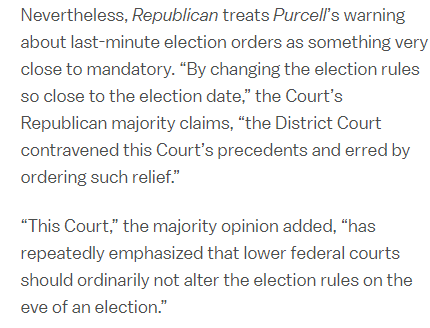 Yet SCOTUS says we don't want to change rules (extend deadline for absentee ballots) at the time when evidence of problem(s) might start to be available.  #TemporalInconsistencyProblems https://www.vox.com/2020/4/6/21211378/supreme-court-coronavirus-voting-rights-disenfranchise-rnc-dnc