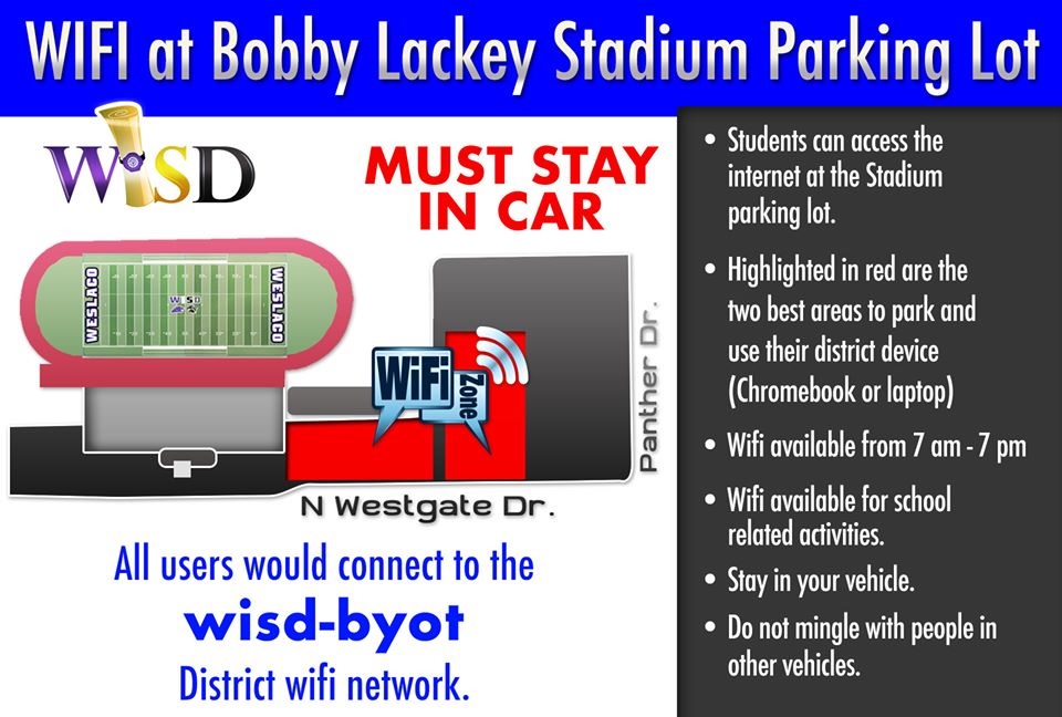 WISDSilvaLib's tweet photo. Just a friendly reminder of the different locations where WIFI is being offered to our students. Remember to stay in your vehicles.  We miss you! Stay safe and healthy! #SilvaReadersareLeaders #WISDLibrarians #WeslacoISD https://t.co/9xefr3j7qT