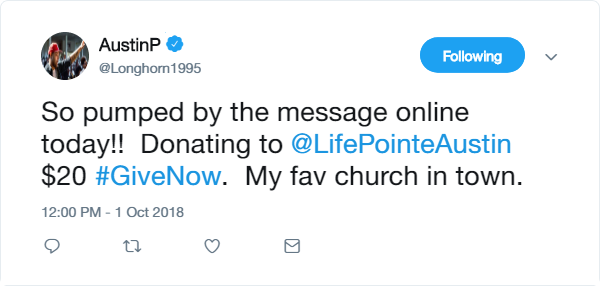 What does <a href="/RippleGiving/">RippleGiving</a> look like?  Pretty simple, supporters can Tweet their donation to your church/ministry.  Learn more <a href="/RippleGiving/">RippleGiving</a>.com    #ChurchTech #ChurchResources #eGiving #NPTech #fundraising #ministry #church #pastor
