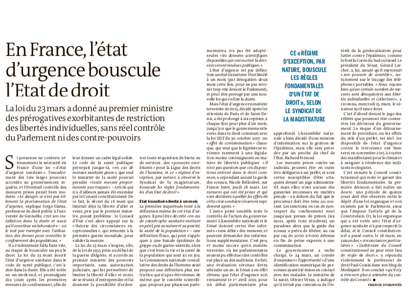 The ‘state of sanitary emergency’ is a new legal concept in French law. It’s inspired by the law voted in 1955 in the context of the Algerian war of independence. https://www.lemonde.fr/police-justice/article/2020/03/30/en-france-l-etat-d-urgence-bouscule-l-etat-de-droit_6034889_1653578.html
