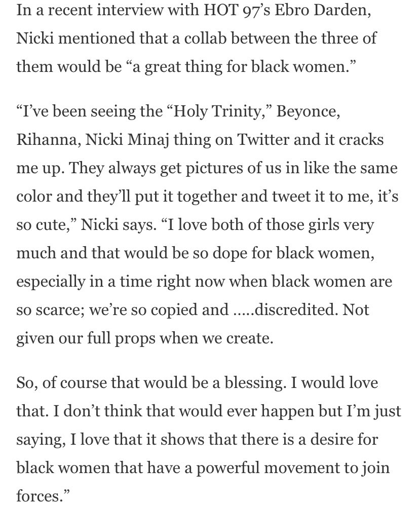 Nicki acknowledged the “Trinity” in a 2014 interview with Ebro when asked about a possible collaboration.Regardless, what Nicki tries to convey here is that no other female artist can beat her at her own game nor can any of her contemporaries amass her stats.