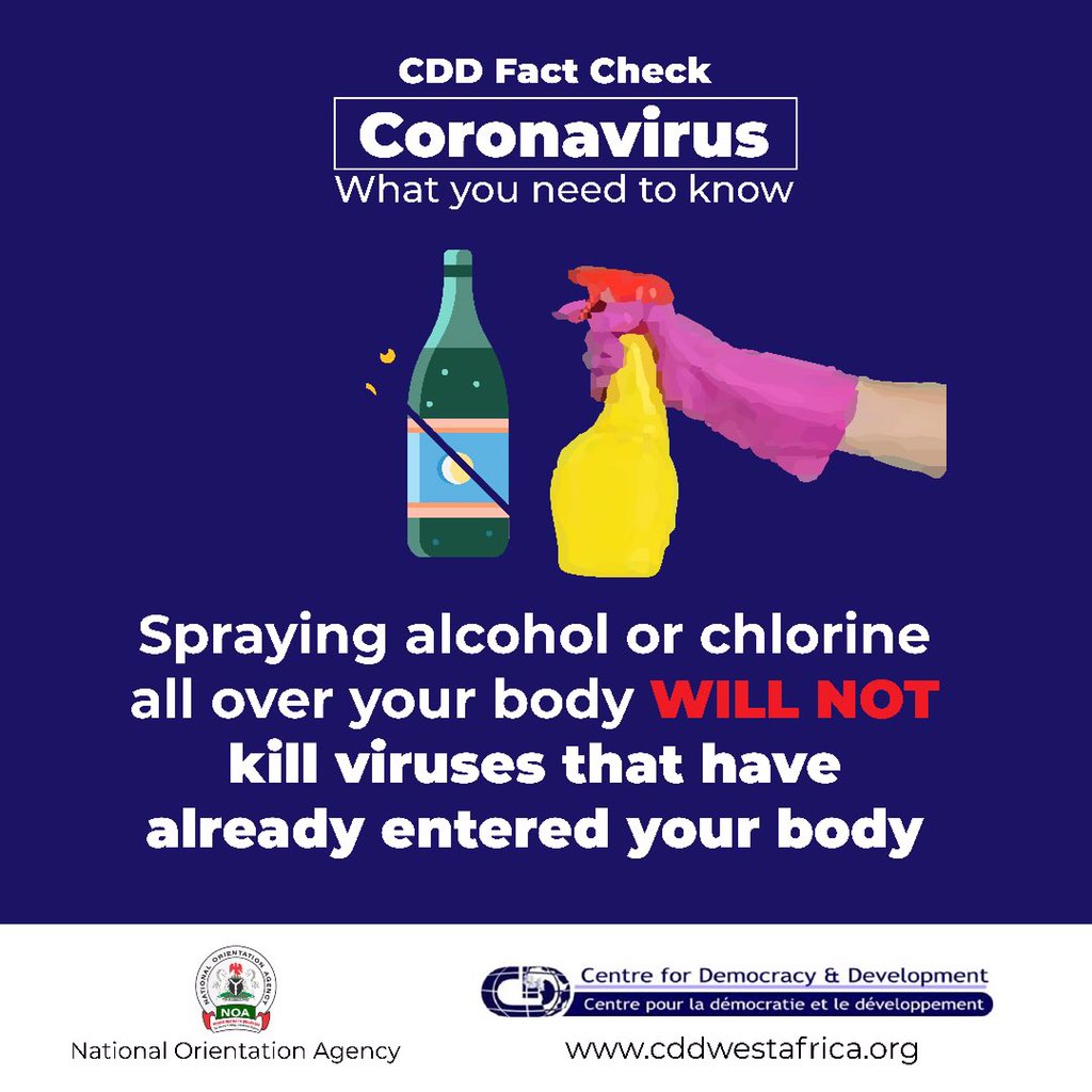 Also among the risky ineffective & fake cures touted online are using chlorine disinfectants on the body, consuming toxic alcohol & bleach- like solutions or drinking water every 15mins. NOT TRUE! Fake news spreads faster and more easily than this virus and can be dangerous.