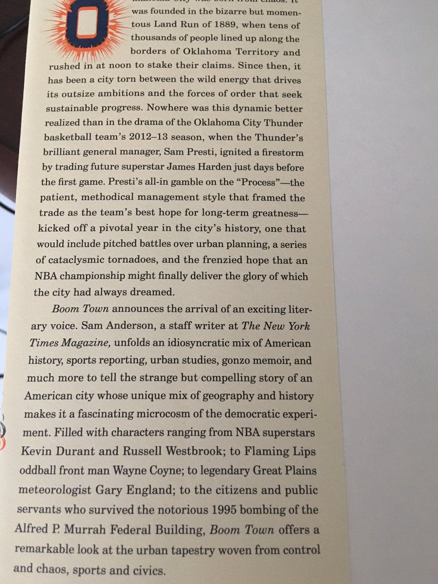 Suggestion for April 7 ... Boom Town: The Fantastical Saga of Oklahoma City, Its Chaotic Founding, Its Apocalyptic Weather, Its Purloined Basketball Team, and the Dream of Becoming a World-Class Metropolis (2018) by Sam Anderson.