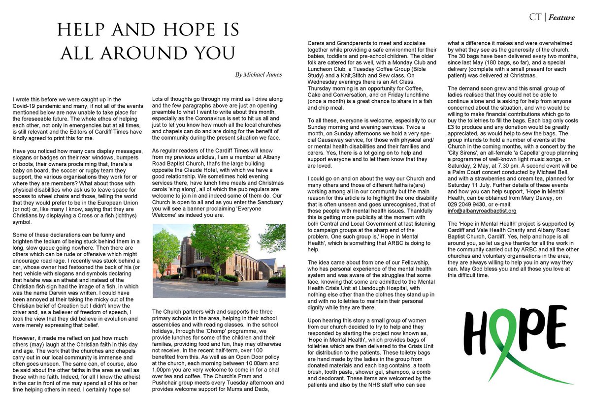 Please take the time to read Michael James' latest article for our online April edition, highlighting the work that Albany Road Baptist Church and the volunteer group 'Hope In Mental Health' are doing in these very difficult times. <a href="/marlboroughpri/">Marlborough Primary</a> <a href="/TheCornerRoath/">The Corner</a> @HeadRoathPark