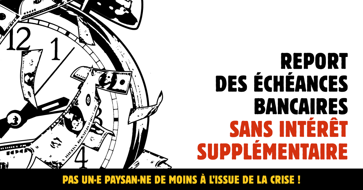 ConfPaysanne's tweet photo. Pour passer la crise, les échéances bancaires doivent pouvoir être reportées sans intérêts supplémentaires pour tou.te.s les https://t.co/ErhgP4IbBc.s, y compris pour les prêts bonifiés JA et les fermes en déclaration de cessation de paiement. #Pasunpaysandemoins https://t.co/G3NA1HBXNz
