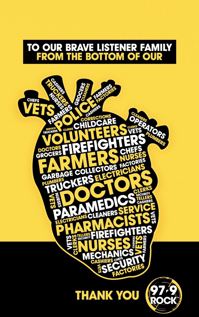 979Rock's tweet photo. We know a lot of our listeners are essential workers and are being brave to keep services we rely on readily available to us. Sending out a huge thank you. You seriously rock. From the bottom of our hearts - THANK YOU 🖤 #ymm #rmwb https://t.co/eO1zQNdJpJ