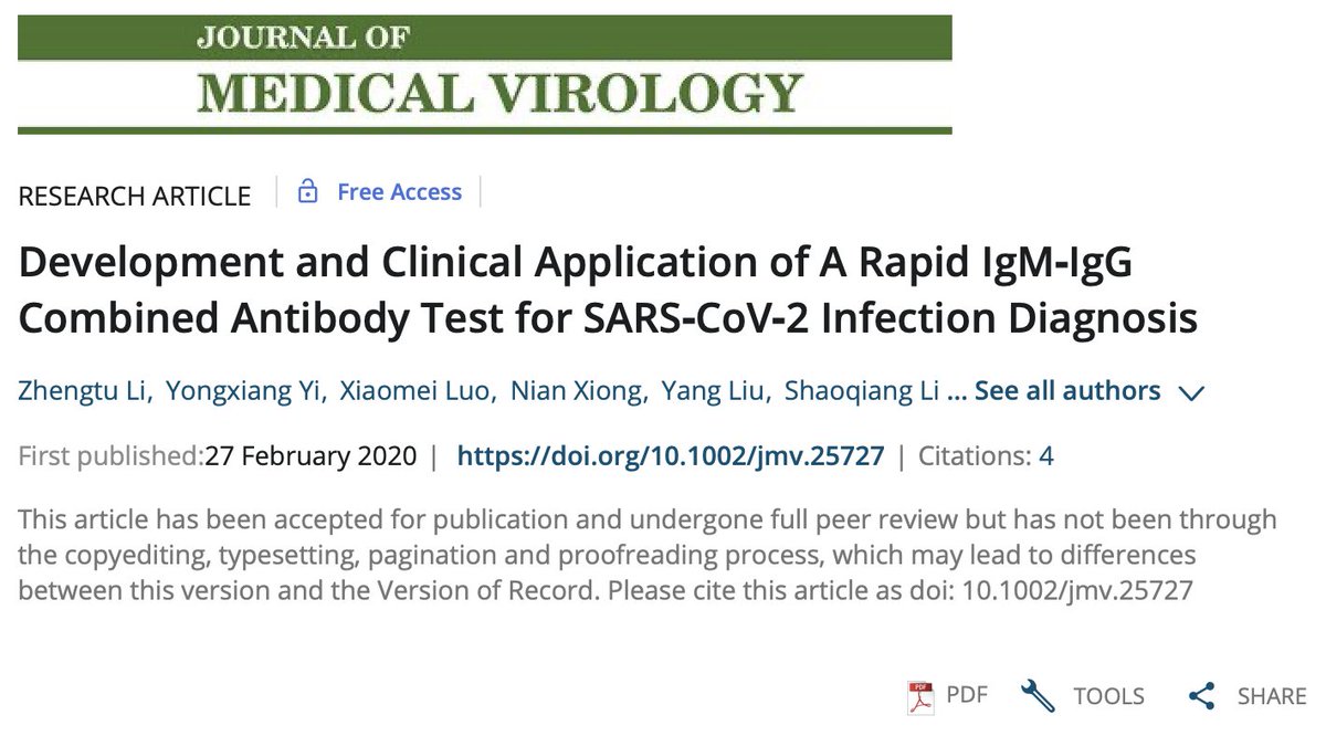 Rapid IgM/IgG Testing for  #COVID19 https://www.ncbi.nlm.nih.gov/pubmed/32104917 Currently RT-PCR, CT imaging and blood work parameters (i.e. ferritin, d-dimer, lymphopenia, etc…) are used to diagnose infection BUT...there are major issues with RT-PCR #COVID19FOAM