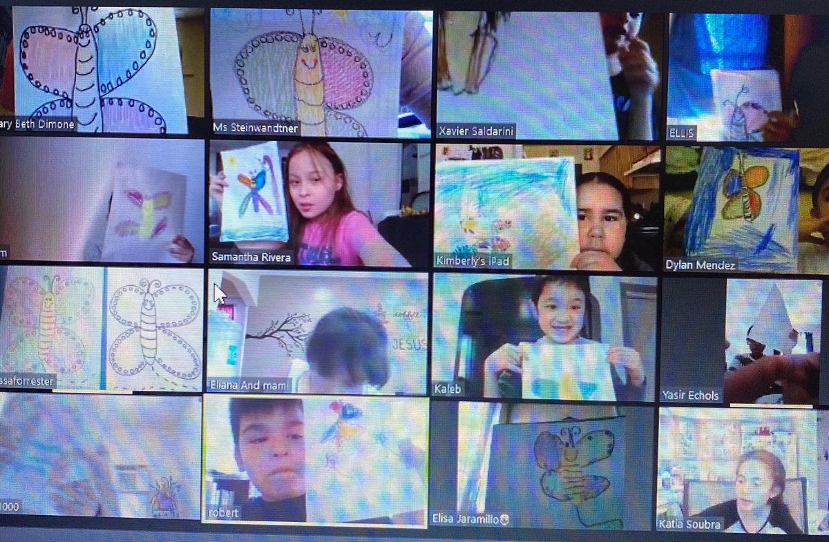 Grade1School4's tweet photo. Nothing like a little butterfly art zoom lesson to make the kids smile!! Huge thanks to my student teacher Miss F for doing this lesson today!  Mrs. Dimone’s and Miss Steinwandtner’s classes had a blast!!  #SpringTime #ArtwithMissF #remotelearning https://t.co/BSpULdsRFK