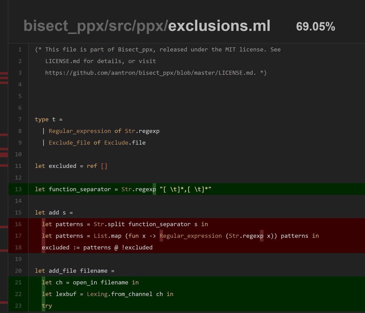 Bisect_ppx 2.3.0 adds dark mode by <a href="/ulrikstrid/">Ulrik Strid</a>! Bisect is the coverage tool for #OCaml and #ReasonML. github.com/aantron/bisect…