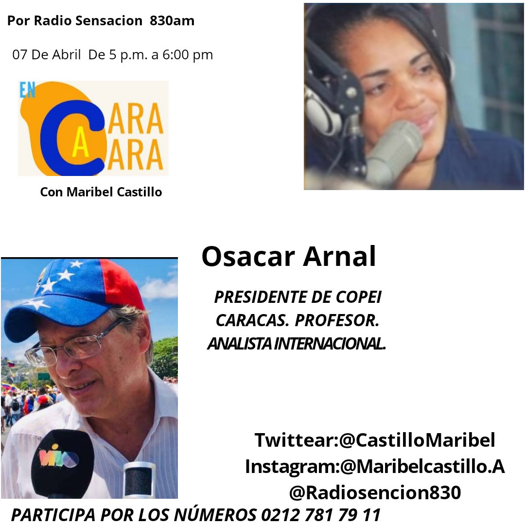 Hoy En Mi Programa Cara A Cara  @RadioSensacion830 Estará Como Invitado @OscarArnal Presidente De Copei Caracas, Profesor y Analista Internacional. No Se lo Pierda 👇