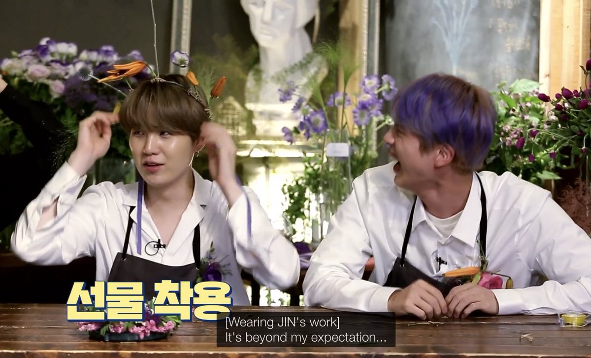 And Yoongi is like “WAIT, THIS FLORIST CANNOT TAKE SEOKJIN AWAY, WE ARE ETERNAL ROOMMATES, WE GO FISHING TOGETHER, I WILL WEAR THIS AVANT-GARDE FLOWER CROWN TO REMIND SEOKJIN OF OUR FRIENDSHIP.”
