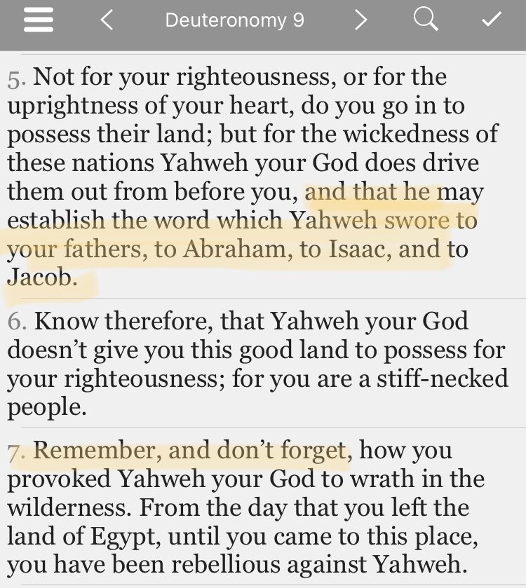 Deuteronomy 9:6 “KNOW THEREFORE, that Yahweh your God doesn’t give you this good land to possess for your righteousness; for you are a STIFFED-NECKED PEOPLE.”And in case they didn’t get the memo the rest of the chapter is dedicated to highlighting their persisted rebellion 