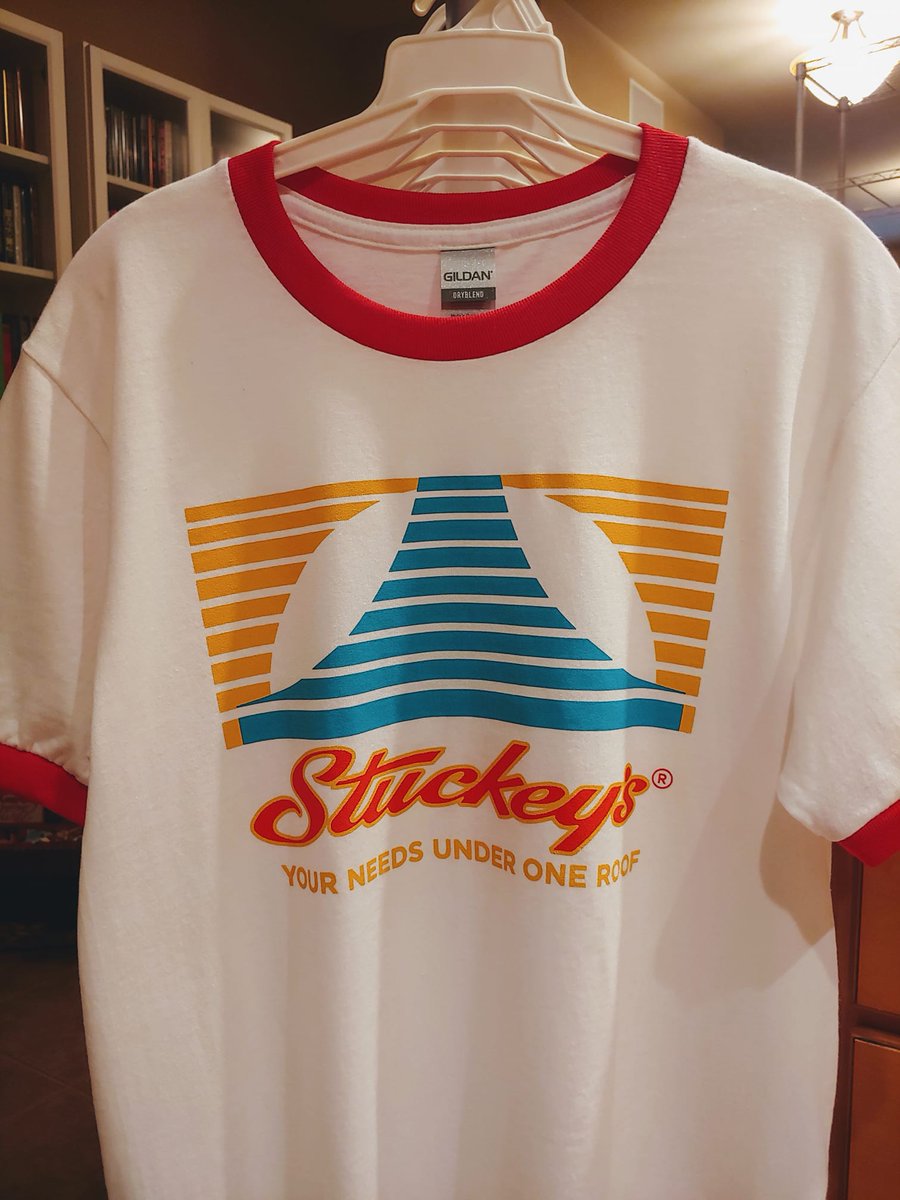 vintageroadside's tweet photo. We went old school ringer with one of the 4 new shirts we produced for @StuckeysPecans - available soon on their website. #vintageroadside #stuckeys #giftshop https://t.co/jLGid52esU