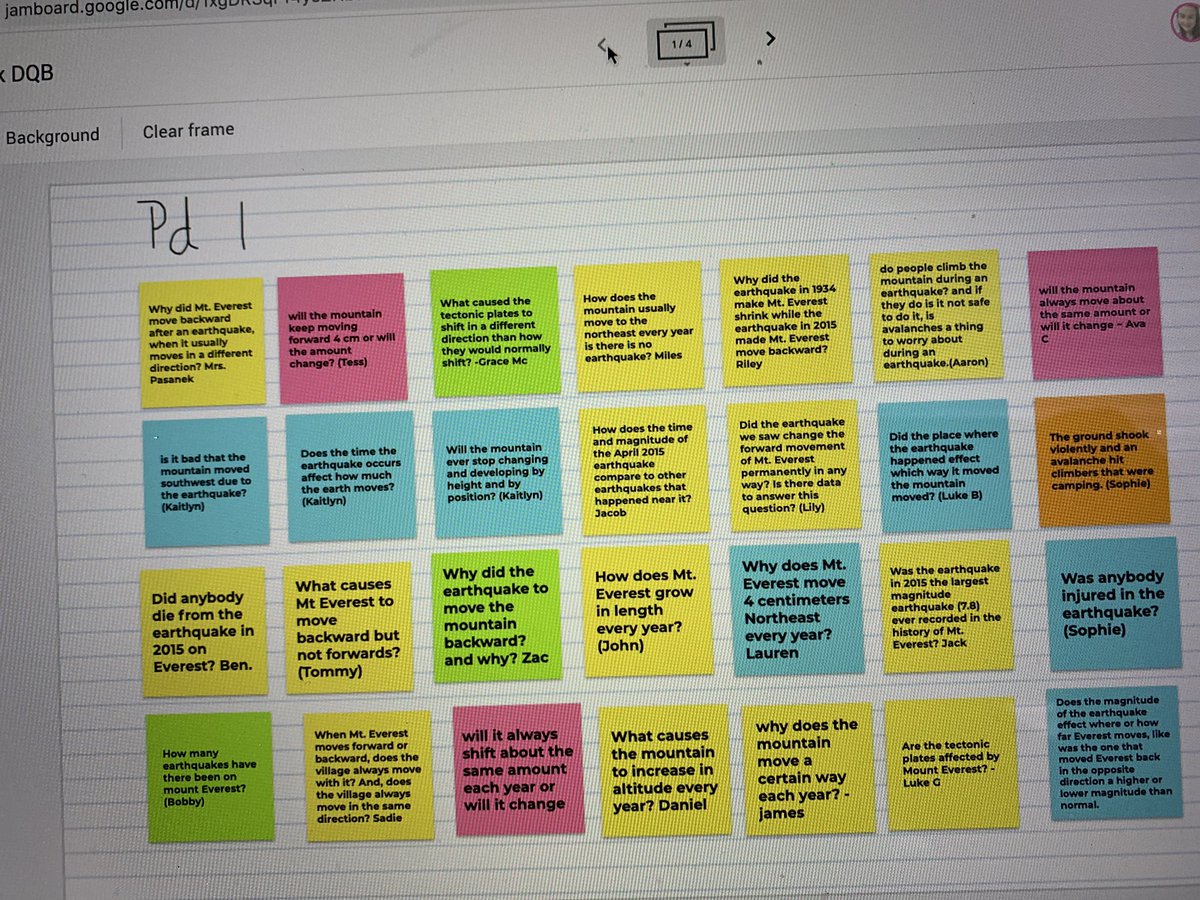 LPasanek's tweet photo. 6th graders create our virtual DQB together for our Everest phenomenon using Jamboard. This worked so well - so many questions to start figuring out! Thanks to @gretchenmilary @ShmoovyShmoov for sharing this idea - going to try this for small groups and Gallery Walks next. https://t.co/iDTnBH0RGf