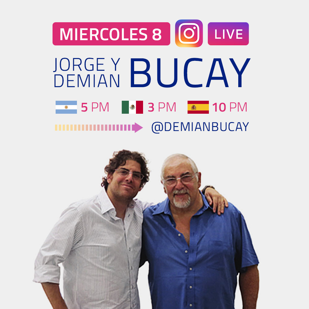 BucayDemian's tweet photo. ⚠ MIÉRCOLES 8 ⚠
JORGE Y DEMIÁN BUCAY / INSTAGRAM LIVE! 👍

Charla interactiva junto a tod@s ustedes en: @demianbucay

🇦🇷 Argentina: 5PM.
🇲🇽 México: 3PM.
🇪🇸 España: 10PM.

Encontrá los videos de Jorge y Demi��n en el canal "Bucay Oficial" de Youtube.

#instagramlive #cuarentena https://t.co/X6jOQTIwOP