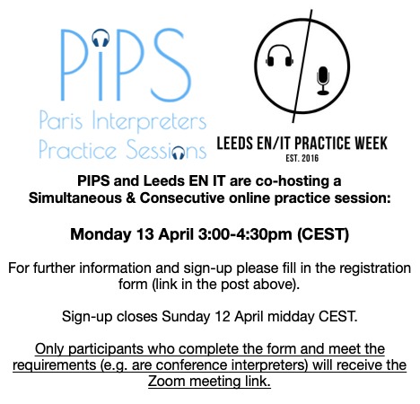 <a href="/ParisPIPS/">Paris Interpreters Practice Sessions - PIPS</a> and #LeedsENIT will be hosting an extra special collaborative online practice session next Monday! Fill in this form to apply: forms.gle/C4aQBf7TXCr5PG… 
#PIPSonlinesession #LeedsENIT #terp #1nt #atHomePractice #practicegroup