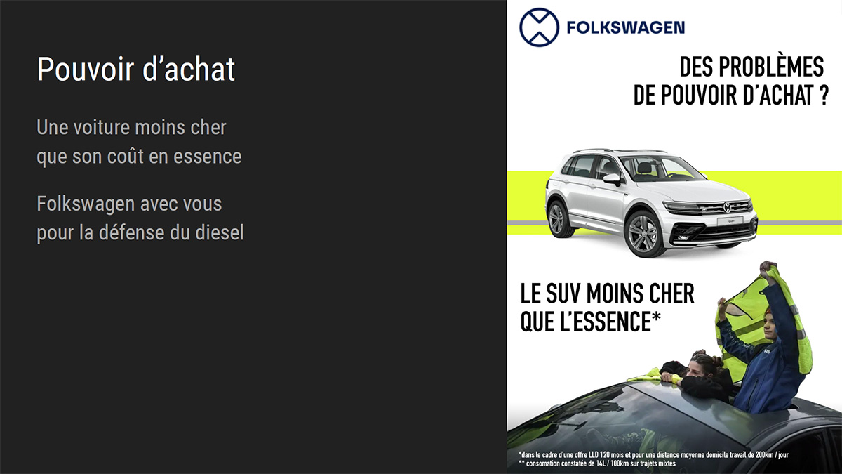 Folkswagen : redorer l’image du SUV grâce à des campagnes micro-ciblées par segments inattendus, mais d’actualité : les Gilets Jaunes, les #MeToo ou encore les réfugiés. 
lagrandelaverie.fr/folkswagen/