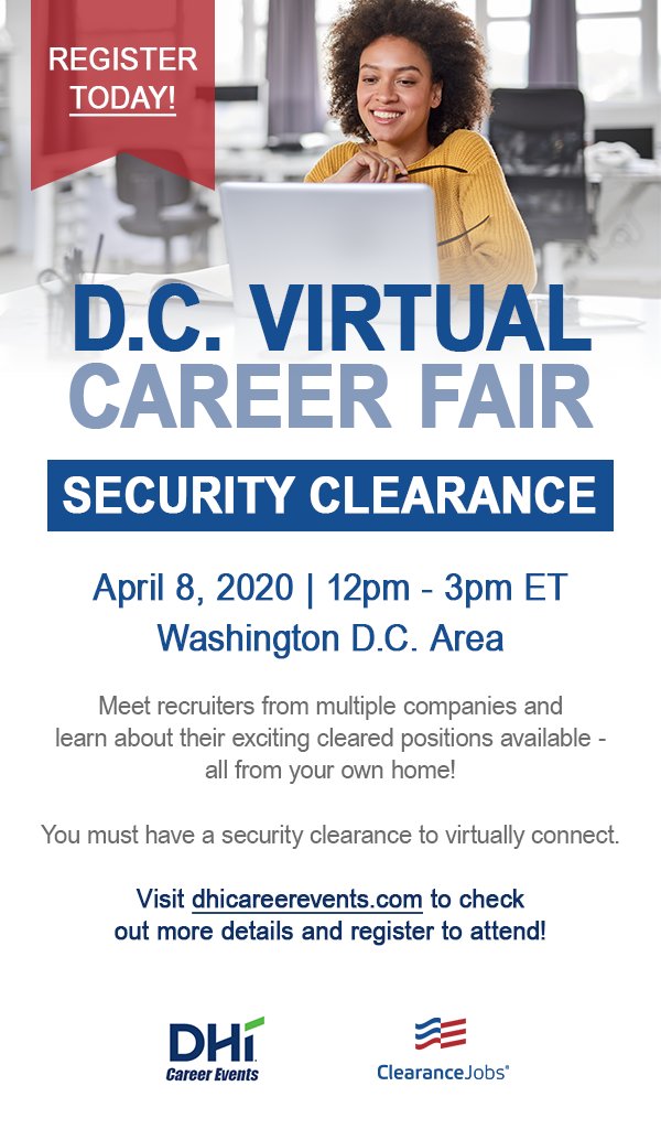 DHICareerEvents's tweet photo. There is still time to register! Virtually connect with recruiters from multiple companies looking to fill their #SecurityCleared #jobs! https://t.co/dZMrOoVHbW #virtualcareerfair #careerdevelopment #HIRINGNOW https://t.co/VjlPxH4zqZ