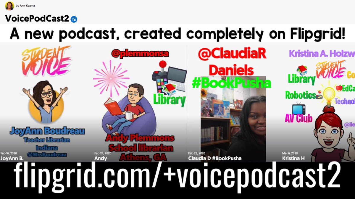 annkozma723's tweet photo. Episode 2 of the #VoicePodCast 
 
Featuring these ✨AMAZING✨ 
Teachers &amp; Library Media Specialists 
📕@MrsBoudreau 
📗@plemmonsa 
📘@ClaudiaRDaniels 
📙@lieberrian 

🎧Have a listen for some new ideas! 
📼 https://t.co/n8aUuCN7zp 

#FlipgridForAll 💚
#EmpowerEveryVoice 🙌🏼 https://t.co/UsjC6elHuU