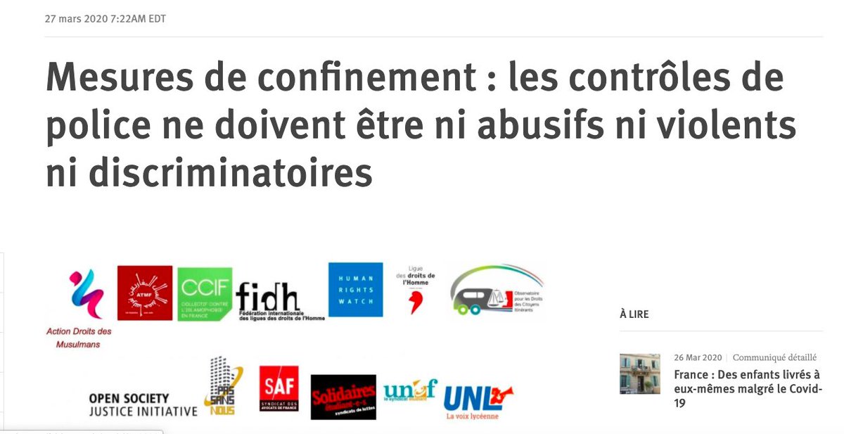 Several NGOs have urged the State to address claims of abusive and discriminatory practices. https://www.hrw.org/fr/news/2020/03/27/mesures-de-confinement-les-controles-de-police-ne-doivent-etre-ni-abusifs-ni